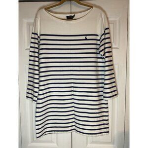 Polo Ralph Lauren White Blue Striped Long Sleeve Knit Dress 100% Cotton Size XL